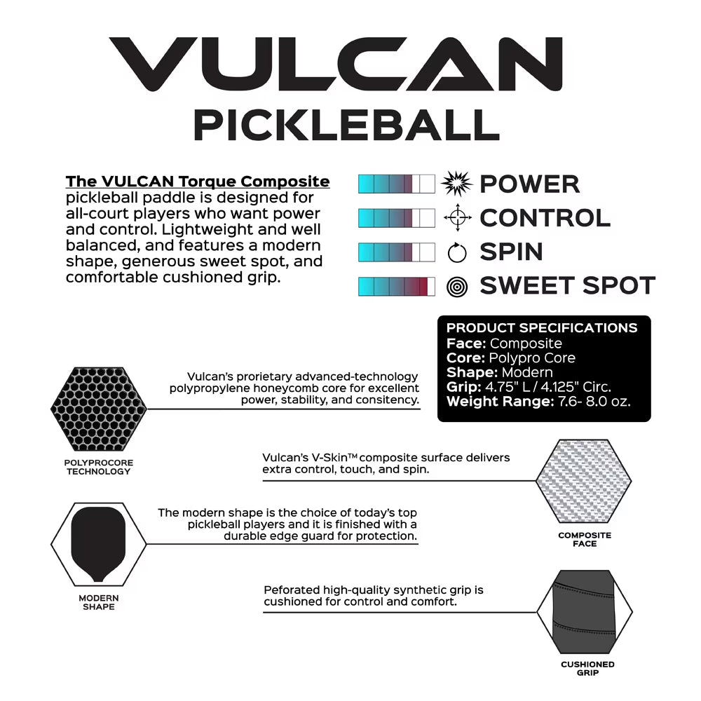 (2 Pack) Vulcan Torque Composite Pickleball Paddle (Red/Blue)